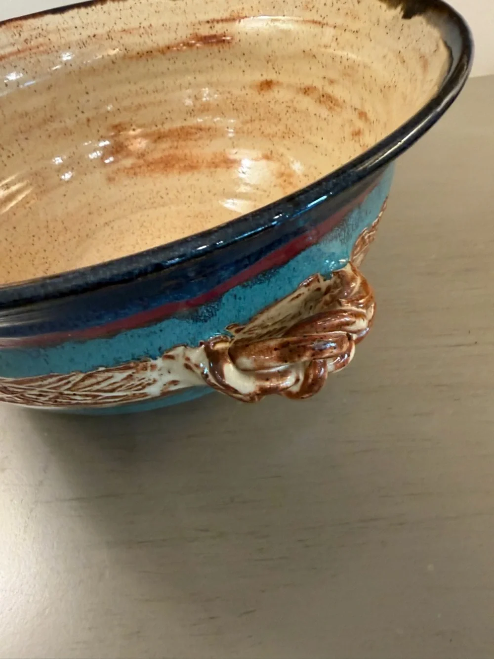 Artisan Studio Pottery Bowl Handles Blue Brown Tan Signed Muddy Hands 2007